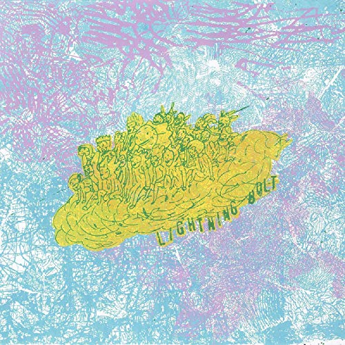 Yellow, sketched figures on a cloud against a blue and pink textured background.