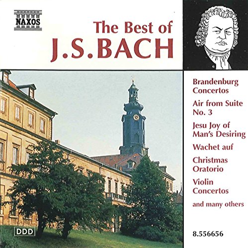 CD cover featuring J.S. Bach portrait, a historic building, and a list of compositions.