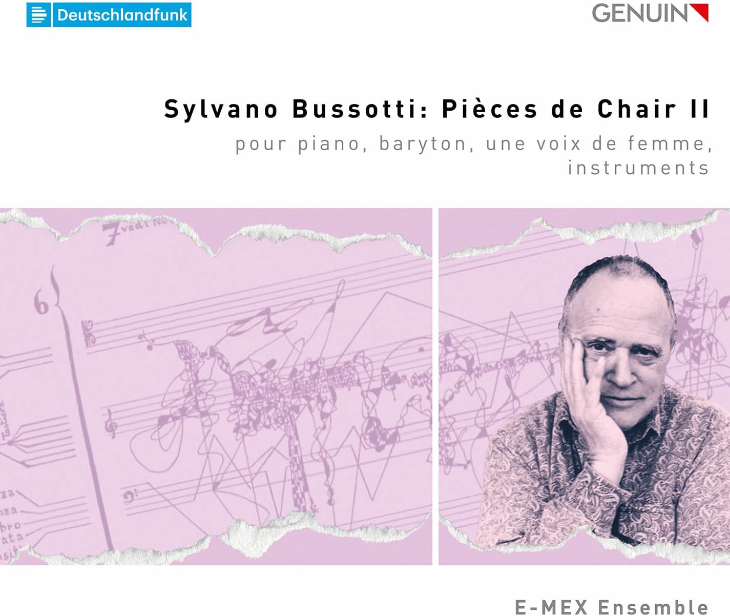 CD cover featuring a portrait of a man over musical scores.
