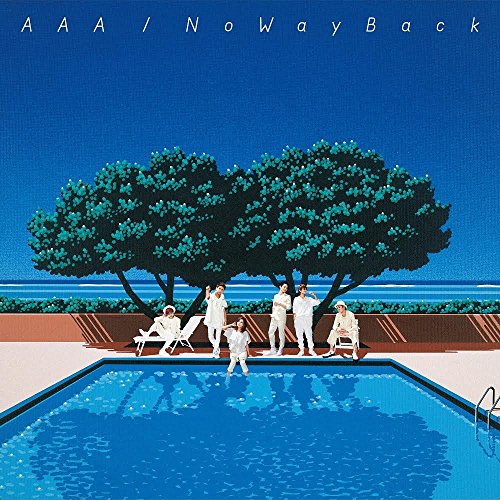 Six people in white clothes pose by a swimming pool under a blue sky.
