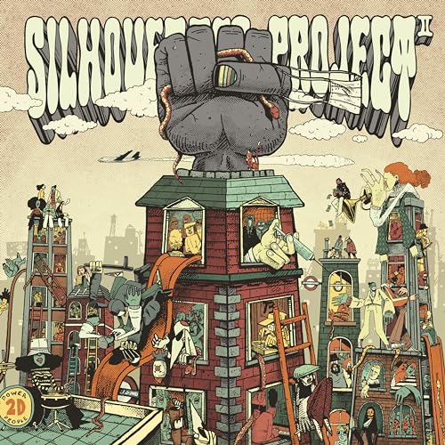 Illustration of a giant fist above apartment buildings filled with various small character scenes.