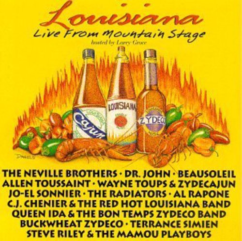 CD cover for “Louisiana Live From Mountain Stage” with hot sauce bottles.
