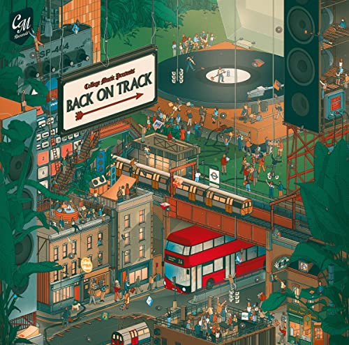 Isometric illustration of a city scene with a record player and train.