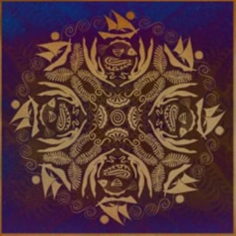Gold mandala-style illustration of ships, fish, and foliage on a dark purple background.