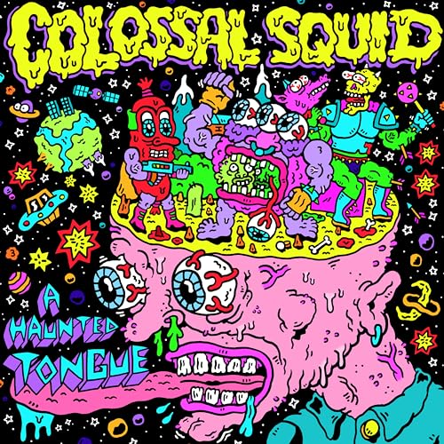 Psychedelic album cover with colorful, cartoonish creatures and a large tongue.