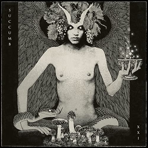 Black and white illustration of a horned figure with a snake and mushrooms.