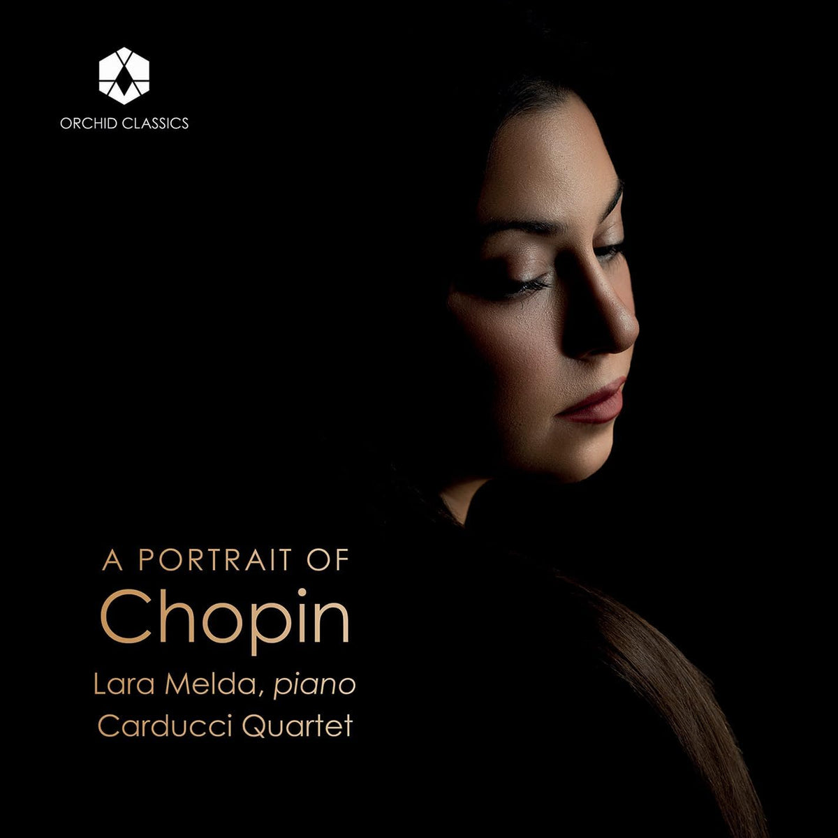 Close-up portrait of Lara Melda, pianist, with album title text.