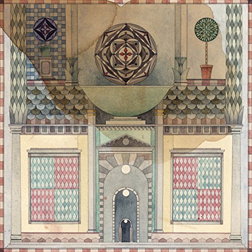 Watercolor painting of a symmetrical building facade with ornate details.