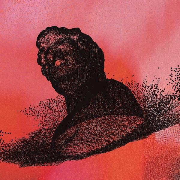 Black and white dotted portrait bust on a red, speckled background.