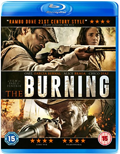 Blu-ray cover for "The Burning" featuring armed people in a conflict zone.