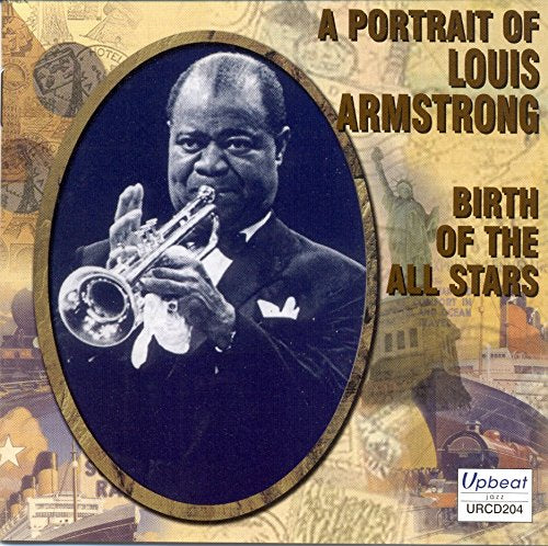 Louis Armstrong portrait playing trumpet on CD cover, vintage background.