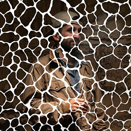 Portrait of a man with a cap, overlaid with a giraffe pattern.