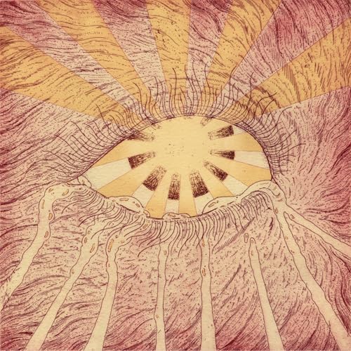 Abstract illustration of a sun rising over textured, wavy terrain.