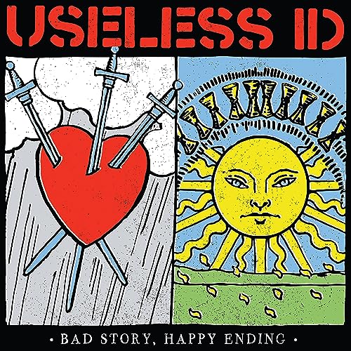 Vinyl record cover: swords through a heart and a sun with a face.