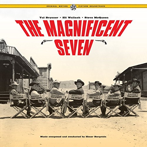 The Magnificent Seven" soundtrack vinyl cover featuring film stars and a western town.