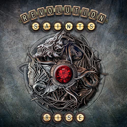 Revolution Saints "Rise" CD cover: dragon design with red gem center.