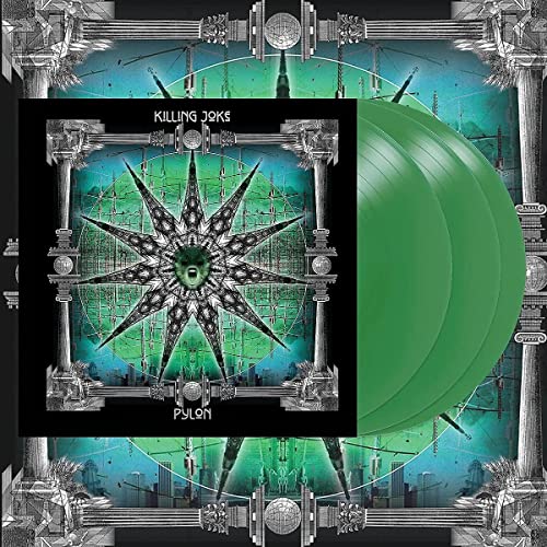Killing Joke Pylon album cover with two green vinyl records against a patterned background.