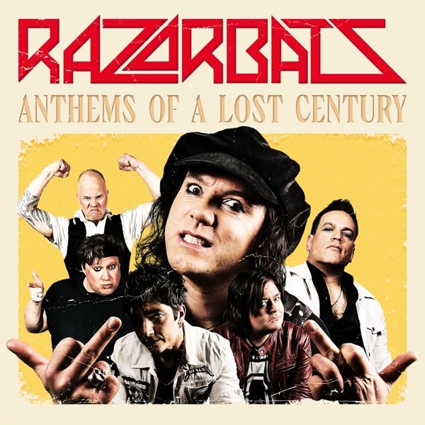 Razorbats album cover featuring a band portrait with a yellow background.