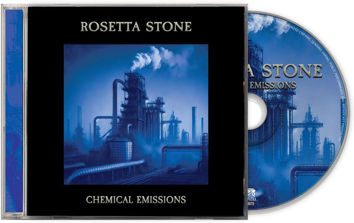 CD case with dark cover, text reading “Rosetta Stone - Chemical Emissions.”