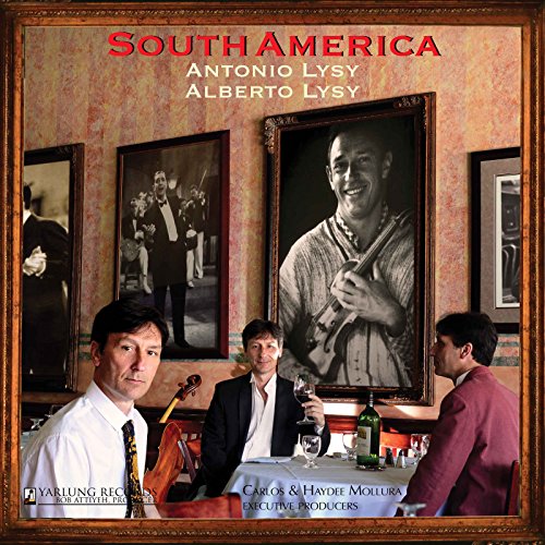 CD cover featuring portraits of musicians Alberto and Antonio Lysy, and a restaurant scene.