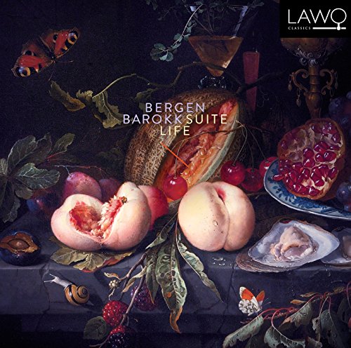Still life painting of fruit, insects, and glassware; CD cover art.