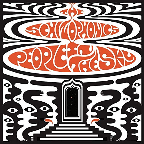 Album cover with stylized text, faces, and a starry sky portal.