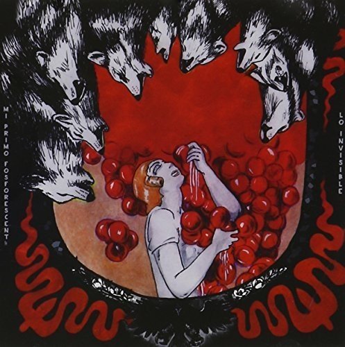 CD cover: woman surrounded by wolves and red spheres.