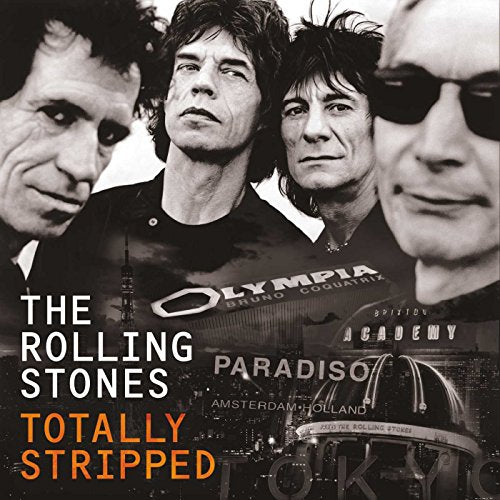 Black and white portrait of The Rolling Stones with concert venues backdrop.