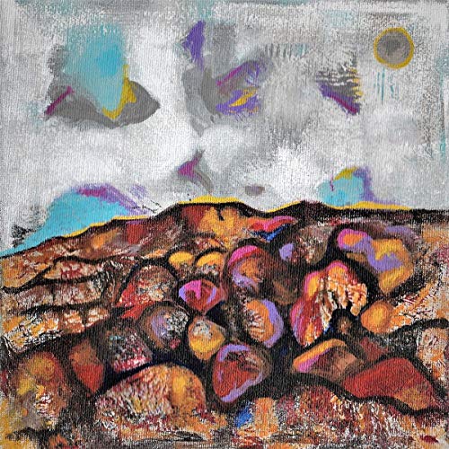 Abstract album cover with textured browns, blues, and a yellow circle.