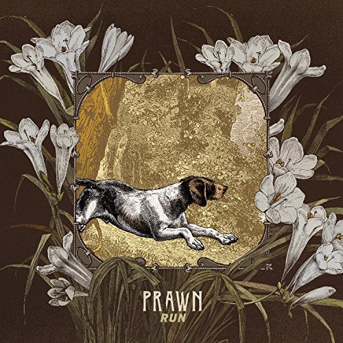 CD cover: running dog illustration surrounded by white lilies, gold background.