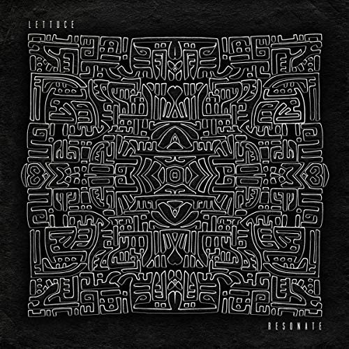 Black vinyl record cover with intricate white geometric line art.