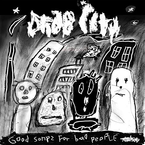Black and white album cover with sketched city and ghostly figures.