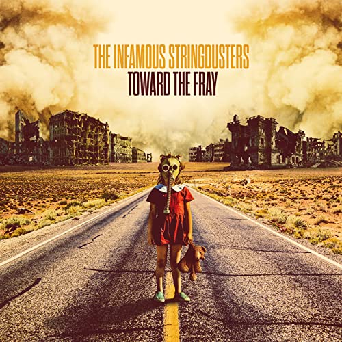 Album cover: child in gas mask stands on a desolate road.