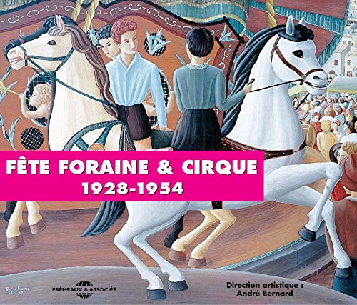 Vintage circus poster featuring performers on white horses, pink background.