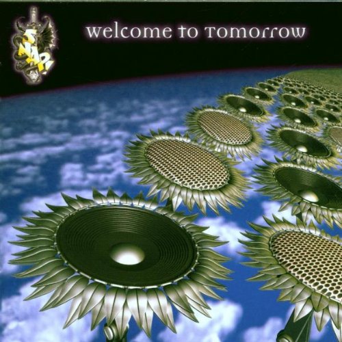 CD cover showing rows of metallic, futuristic sunflowers over a blue cloudy landscape.