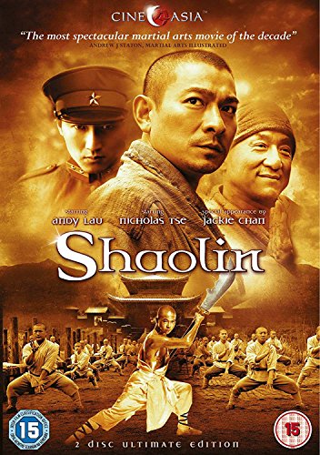 Shaolin DVD cover featuring three men and martial artists training.