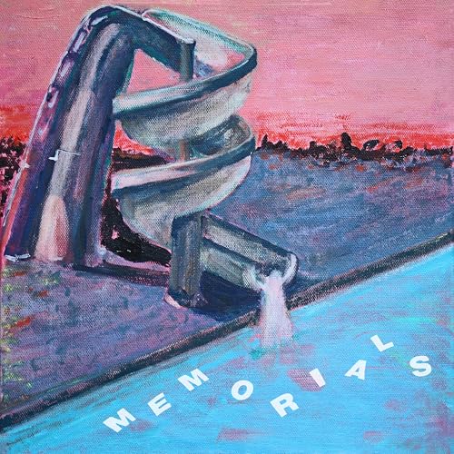 Painted image of a blue waterslides structure against a pink sky.