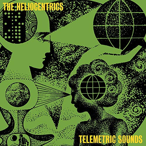 Album cover for Heliocentrics’ “Telemetric Sounds” with abstract green and black graphics.