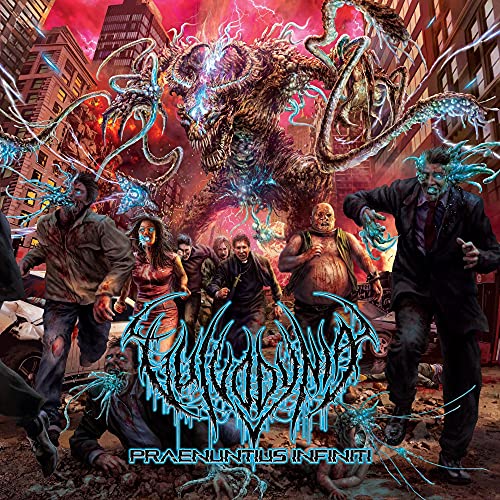 CD cover: monster attacking city with fleeing people, dark and dramatic.