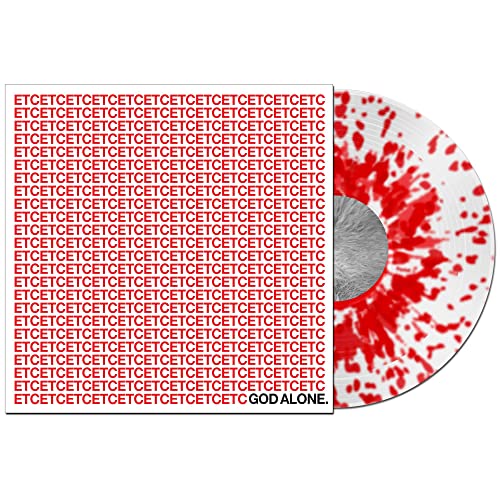 Vinyl record cover with repeating red text and a red-splattered white vinyl disc.