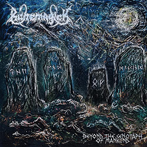 Dark, textured album cover with rune-covered monoliths under a moon.