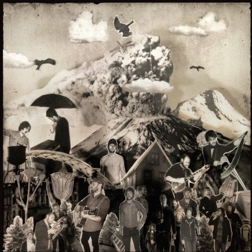 Black and white collage featuring a band, mountains, and volcanic eruption.