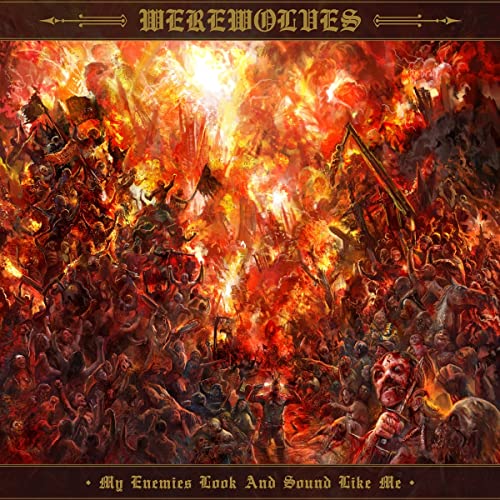 A chaotic scene of a fiery battle with many figures amidst flames and smoke.