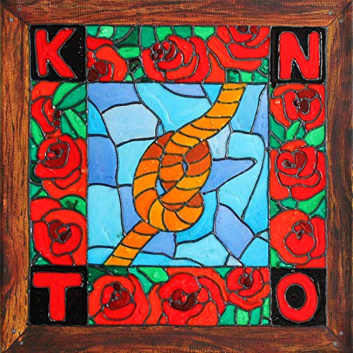 Stained glass artwork depicting a knotted rope with roses and lettering.