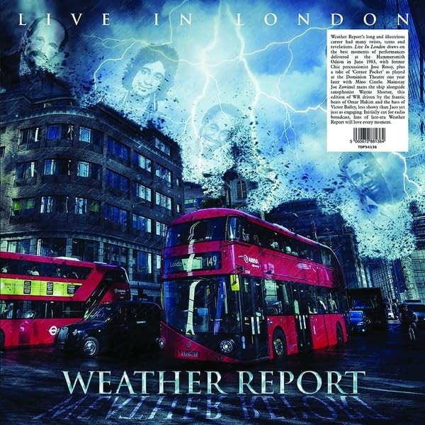 Vinyl record cover for “Live In London” by Weather Report, featuring a London bus.
