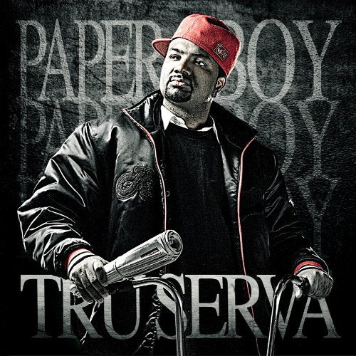 Album cover for Tru-serva’s “Paperboy” featuring a rapper with a newspaper.