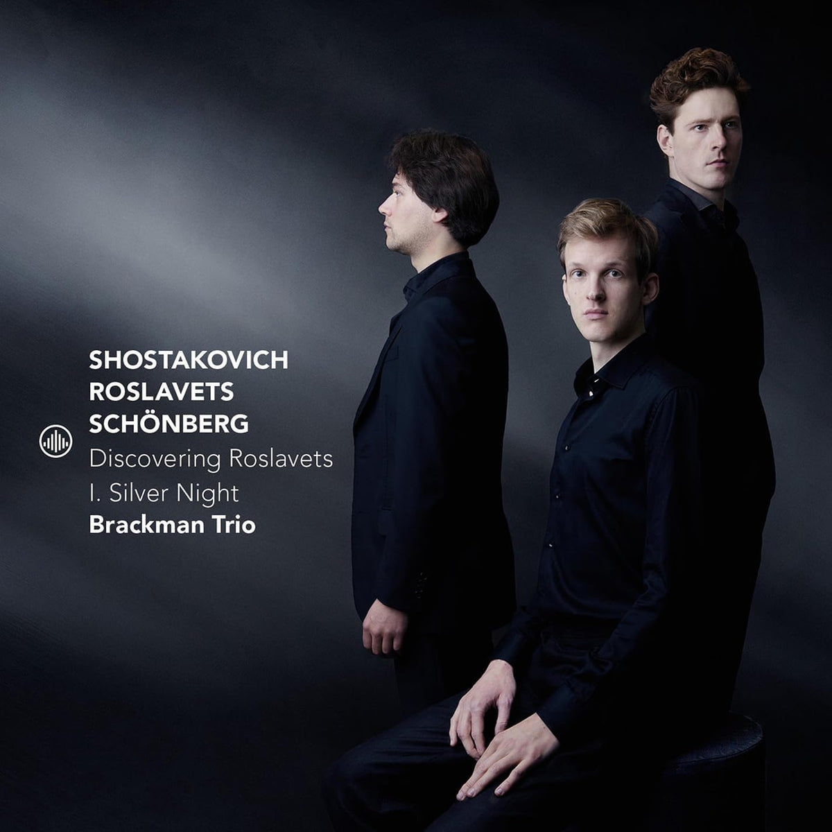 CD cover featuring three musicians in dark suits, side view.