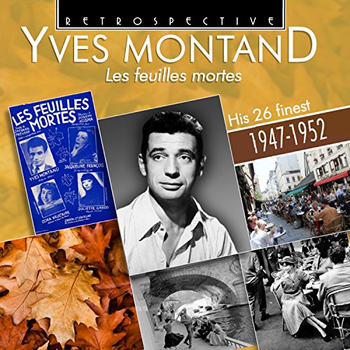 Yves Montand CD cover with portrait, vintage photos, and autumn leaves.