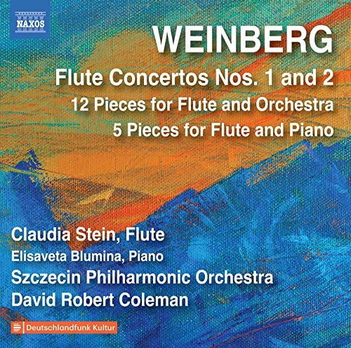 CD cover for Weinberg flute concertos featuring abstract blue and orange art.