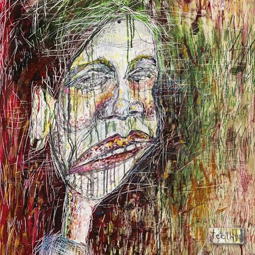 Abstract portrait of a face with colorful, expressive brushstrokes on vinyl record cover.